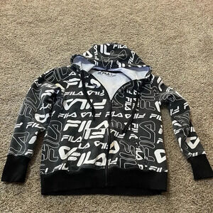 FILA Logo Graphic Retro Hip Hop Streetwear BLACK WHITE ALL OVER PRINT ZIP HOODIE